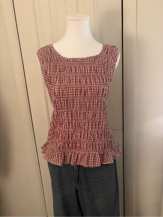 Tops - Women’s Red Gingham Smocked Peplum Tank Top